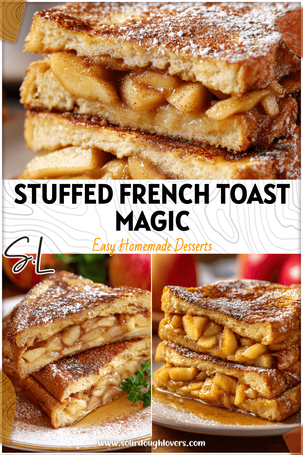 Golden French toast stuffed with warm apple pie filling and dusted with cinnamon sugar on a breakfast plate.